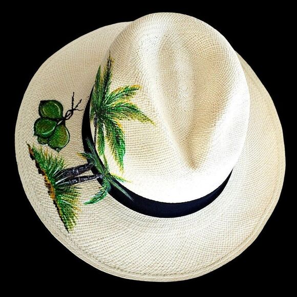 Panama Hat Medium Straw Woven Hand Painted Ecuador Beige NWOT - Picture 2 of 11